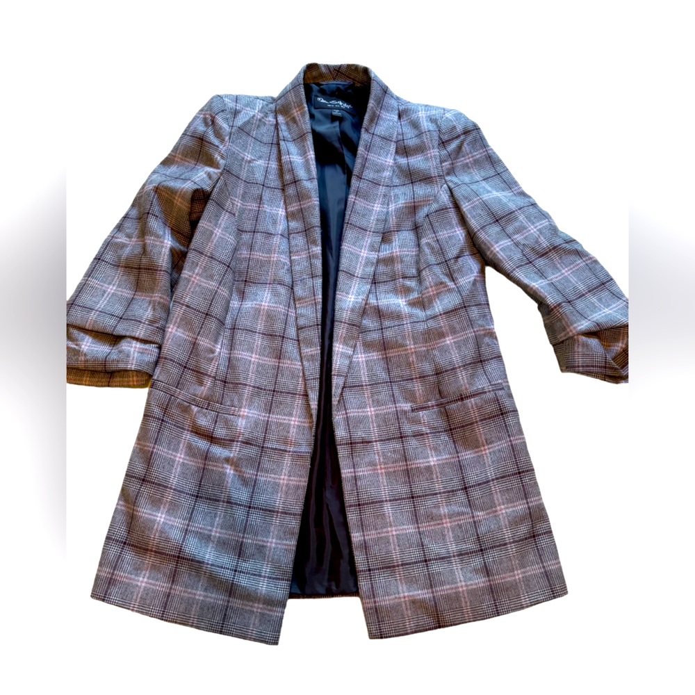 Miss Selfridge Plaid Long Line Blazer with ruched 3/4 sleeves